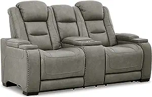 Signature Design by Ashley the Man-Den Leather Power Reclining Loveseat with Center Console,